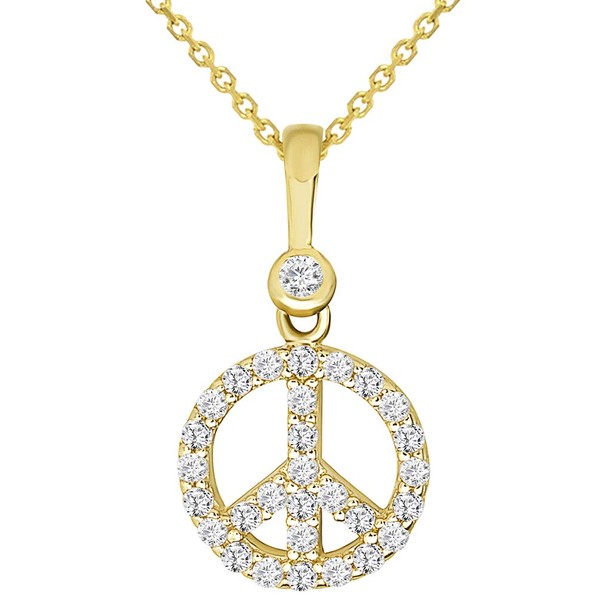 Solid 14k Yellow Gold Mini Peace Symbol Charm Pendant Necklace