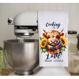 Cooking Is Love Made Visible - Highland Cow - Microfiber White Waffle Weave Towel. 16 x 24 in. Absorbent, No Lint, Thick, Reusable, Commercial, Soft, Hand