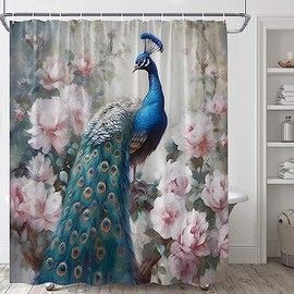 Peacock Shower Curtain Retro Blue Bird Feather Tail Elegant Peacock Feather Animal Spring Garden Blooming Peony Flower Plant Classic Vintage Asian Oil Painting Art Fabric Bathroom Curtains with Hooks