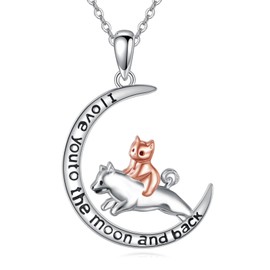 LUHE Cat Necklace for Women Sterling Silver Cat Jewelry Dog Pendant Necklace Moon Animal Necklace Gifts for Women
