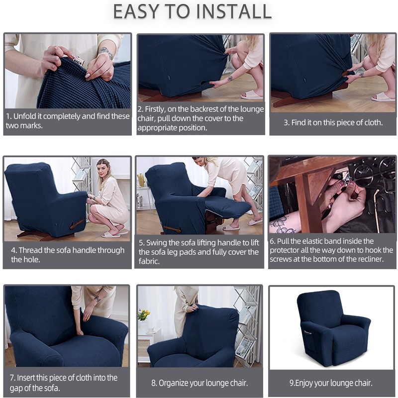 KEKUOU Recliner Chair Covers, 1-Piece Lazy Boy Recliner Covers, Navy