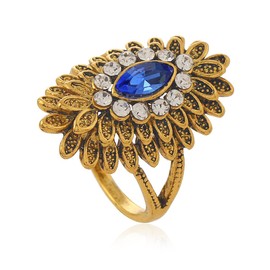 CZ Oval Flower Statement Ring for Women Colorful Rhinestone Teardrop Band Rings Comfort Fit Fashion Crystal Floral Rings Antique Vintage Lightweight Jewelry Gift for Holiday Wedding Size 8 (Antique Golden Blue)