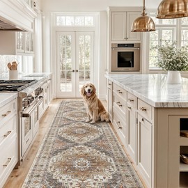 Madane Hallway Runner Rug 2'6''x12', Non Slip Vintage 12ft Runners for Hallways Washable Kitchen Rugs Soft Low Pile 2.5x12 ft Rug Runner for Laundry Room, Entryway and Bedroom, Turmeric/Grey