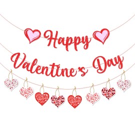 Happy Valentines Day Banner Red Glittery Paper Decorations Felt Garland Heart Photo Props for Home Party Decor