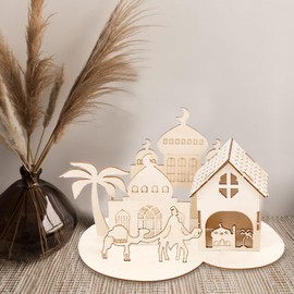 4 Pcs 4 Styles Eid Mubarak Wooden Tabletop Decor DIY Moon Star Ramadan Kareem Ornaments for Ramadan Mubarak Muslim Islamic Festival Party Eid Al-Fitr Home Decoration