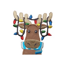 Wholesale Applique Christmas Moose - Lights in Antlers - Face/Head - Embroidered Iron-On Patch - 1 x 2-3/8" x 2-1/4" Snowflake Holiday Patch