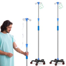 TrelaCo 2 Pack Rolling IV Pole Stand Rack Stainless Steel IV Supplies with 4 Hook 2 Nets to Hold IV Bags, Adjustable Height from 45 to 78 Inches for Hospital Clinic Home(5 Legs Style)