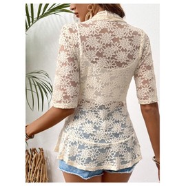 GORGLITTER Women's Floral Lace 3/4 Sleeve Bolero Shrugs Sheer Open Front Cardigan Blazer, Apricot, Large