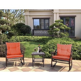 DECMICO Outdoor Rattan Wicker Rocking Chair 3 Pieces Patio Conversation Furniture Bistro Sets with Side Table and Cushions for Porch Garden and Balcony