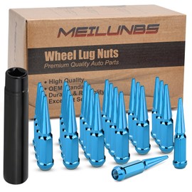 MEILUNBS 24Pcs 9/16-18 Spiked Lug Nuts, 4.4" Tall Black Bullet Cone Seat Wheel Nuts with Socket Key, Compatible with Dodge Ram 1500 2500 3500 1994-2011, Ford F250 F350 1988-1998, Blue