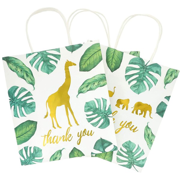 Juvale 12-Pack Jungle Safari Animal Thank You Kraft Gift Bags and 20 White Tissue Sheets for Baby Shower, 9 x 8 x 4 Inches