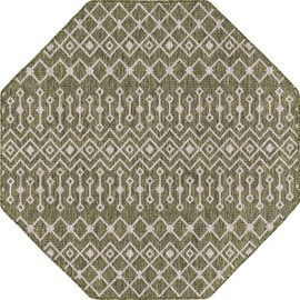 Unique Loom Outdoor Trellis Collection Area Rug - Tribal Trellis (5' 3" Octagon, Green/ Natural)
