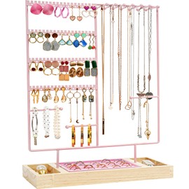 ProCase Jewelry Organizer Stand Earring Holder Organizer, 6 Tiers Earring Organizer Tree Necklace Rack Jewellery Tower Bracelets Holder Storage with Removable Wooden Ring Tray for Women Girls -Pink