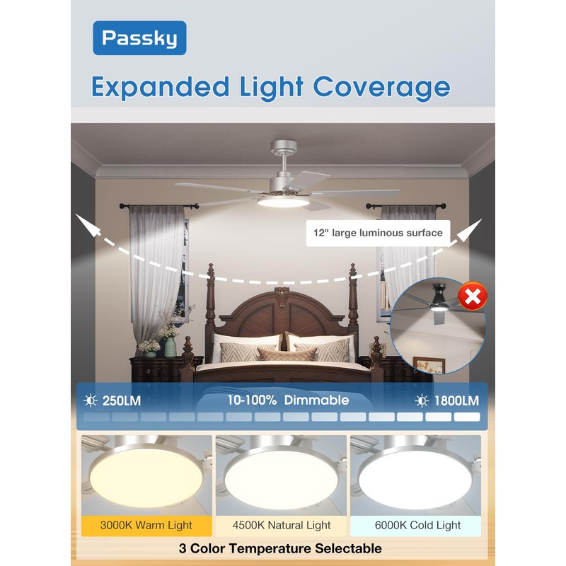 Passky Ceiling Fans with Lights, 52 inch Sleek Ceiling Fan