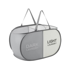 Collapsible Laundry Basket Durable Pop Up Hamper with 2 Compartments for Sort and Storage, Portable Dirty Clothes Hamper for Dorm, Laundry Room or Travel (Grey + Begie)