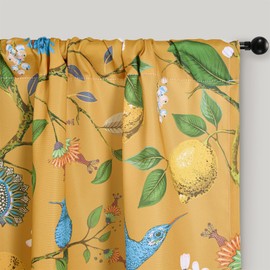 RoomTalks Cute Lemon Curtains for Bedroom Living Room 84 Inches Length 2 Panels Semi Blackout, Vintage Nature Hummingbirds Botanical Floral Curtain Panels Boho Vibrant Yellow Window Drapes