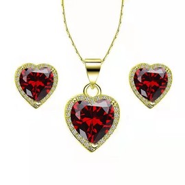 Paris Jewelry 10k Yellow Gold Heart 1 Ct Created Garnet CZ Full Set Necklace 18 inch Plated