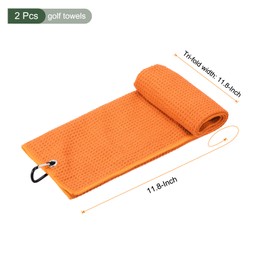 YOKIVE 2 Pcs Tri-Fold Golf Towels, Golf Club Waffle Pattern Towels with D Clip for Golf Balls Lovers (Orange, 12x12-Inch)