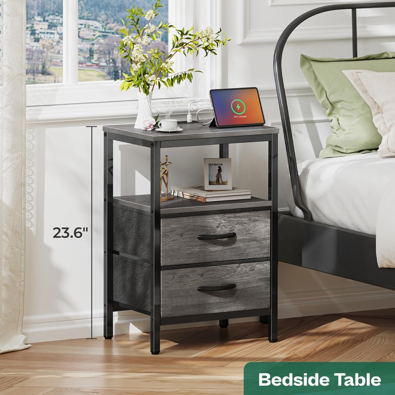 Huuger Nightstand with Charging Station, Fabric Drawers, End Table with
