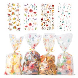 100pcs Wildflower Cellophane Treat Bags with Ties, Floral Gift Bags for Candy Baby Shower Bridal Shower Birthday Wedding Party Favors