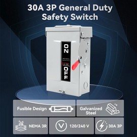 30 Amp Disconnect Box, 3 Pole Fusible Safety Switch, 110/240V, Heavy Duty Metal Structure, Reserved Knout-Outs Design, NEMA 3R Enclosure for Outdoor, 10-Year Warranty, Ideal for Commercial Application