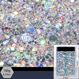 Holographic Chunky Glitter,180G/6.35OZ Craft Glitter for Resin,Powder Mixed Chunky Fine Flakes Iridescent Nail Sequins for Nail Art, Hair, Epoxy Resin, Tumblers, Slime, Painting (Chunky Silver)