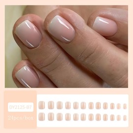 LPOODDNU Short Square Press on Nails - Glossy Nude Fake Nails Gradient Color Design French Tip Glue on Nails with Adhesive Tabs, Cute False Nail Kit for Women Manicure 24Pcs
