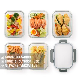 Cuiselect 5 Pack 36 Oz Glass Meal Prep Containers with Lids, Reusable Glass Food Storage Airtight Lunch Containers with Lids, Leak Proof, Microwave, Oven, Freezer and Dishwasher Safe (Gray)