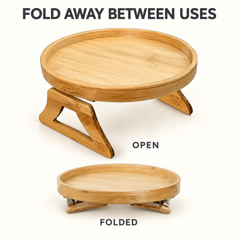 Wooden Sofa Armrest Tray, Foldable Clip-On Style Couch Arm Table