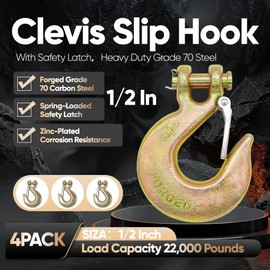 Terixe 1/2 in Clevis Slip Hook with Safety Latch 4 Pack - 22000LBS Capacity Heavy Duty Trailer Chain Hooks for Lifting, Winching, Towing & Industrial Use
