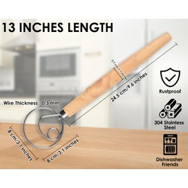 DS. DISTINCTIVE STYLE Danish Dough Whisk 13 Inch 304 Stainless Steel Sourdough Bread Whisk Wooden Handle Bread Whisking Tool, Dough Mixer for Baking Bread, Eggs and Peanut Butter