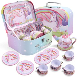 JOYIN Unicorn Tea Party Set for Little Girls, Pretend Pink Tin Teapot Set, Princess Tea Time Play Kitchen Toy with Teapot, Cup, Plate, Carrying Case for Kids Toddlers Age 3 4 5 6, Easter Birthday Gift