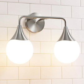 HAHZT Bathroom Vanity Light Fixtures: Brushed Nickel 2-Light Mid Century Farmhouse Bathroom Lighting Fixtures Over Mirror - Wall Sconce with Frosted Globe Glass for Hallway Restroom
