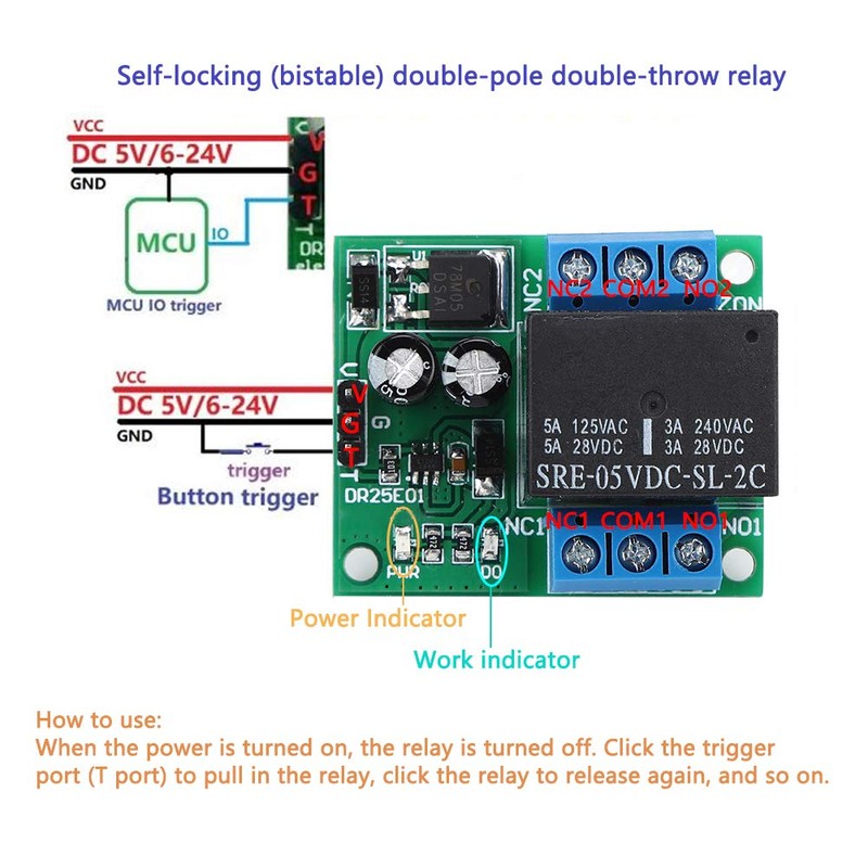 DR25E01 DPDT Relay Module, Self-locking Bistable LED Motor Relay (DC6-24V)