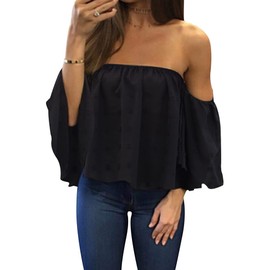 Bluetime Women Summer Off Shoulder Chiffon Blouse Ruffles Short Sleeves Tops Casual T Shirt (S, Polka Dot Black)
