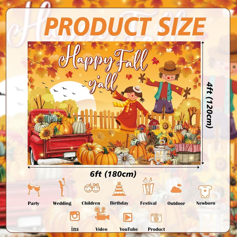Happy Fall Y'all Banner Backdrop Autumn Harvest Pumpkin Maple Leaf