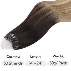 HOTBANANA Micro Ring Hair Extensions Human Hair, 14 inch 50g 50s Dark Brown to Chestnut Brown and Dirty Blonde Micro Beads Real Human Hair Extensions Straight Micro Link Micro Loop Hair Extensions