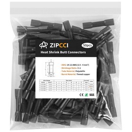 ZIPCCI 14-12 AWG Butt Connectors Heat Shrink - 50Pcs Black Electrical Wire Connector Insulated Waterproof Boat Automotive Wire Splice Crimp Wiring Terminals