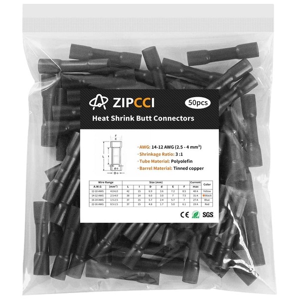 ZIPCCI 14-12 AWG Butt Connectors Heat Shrink - 50Pcs Black