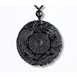 [VICHE CATT] Obsidian Dragon Phoenix Bagua Pendant Feng Shui Power Stone Good Luck Protection (Black)