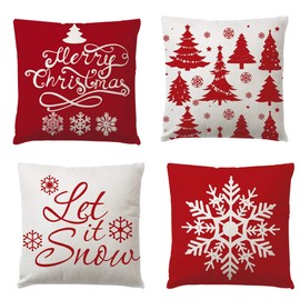 Christmas Decorations Pillow Covers 4 Pack, Christmas Tree Snowflake Reindeer Santa Claus Home Decor Linen Throw Pillow Cases Xmas Holiday Farmhouse Home Bedroom Decorative Cushion, 17.7 Inch Red