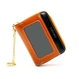 ANDOILT Small Genuine Leather Wallet for Women Men RFID Blocking Identity Safe Double Zipper Accordion Credit Card Holder Keychain Wallets Brown