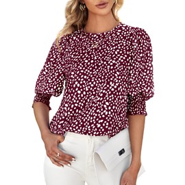 Teurkia Women's Puff-Sleeve Crew-Neck Blouse Summer Polka Dot Tee Tops Wine Red