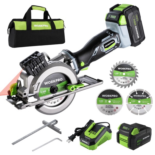 WORKPRO 20V Cordless Mini Circular Saw, 4-1/2" Compact Wireless Circular Saw 4.0Ah Battery, Fast Charger, 3 Saw Blades, 4500RPM, Laser Guide, Max Cutting Depth 1-11/16"(90°), 1-1/8"(45°)