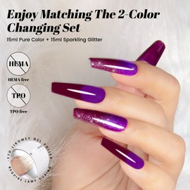 YTD Likomey Gel Polish Set,15ml Color Changing Purple To Dark Wine Red Pure Color and Glitter Nails Gel Kit,Thermal Ombre Change Colors Translucent Salon Manicure UV Varnish,2 Pcs 0.5 Oz,WB2-07