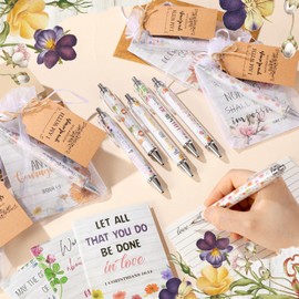 Qeeenar 200 Pcs Christian Gift Sets Christmas Church Bible Verse Bulk 50 Scripture Notebooks Gift 50 Ballpoint Pens 50 Thanks Tags 50 Organza Bags for Women Christian Party Gifts(White,Floral)