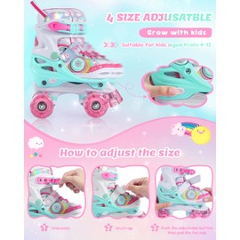 Kids Roller Skates, Girls Roller Skates with 4 Adjustable Sizes, Toddlers Roller Skate with 8 Side-Illuminated Flash LED Wheels, Illuminating Skating Shoes with Protective Gear Set for Ages 3-12