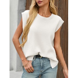 Saodimallsu Womens Crew Neck Sweater Vest Summer Oversized Ribbed Knit Sleeveless Casual Loose Fit Pullover Tank Top White