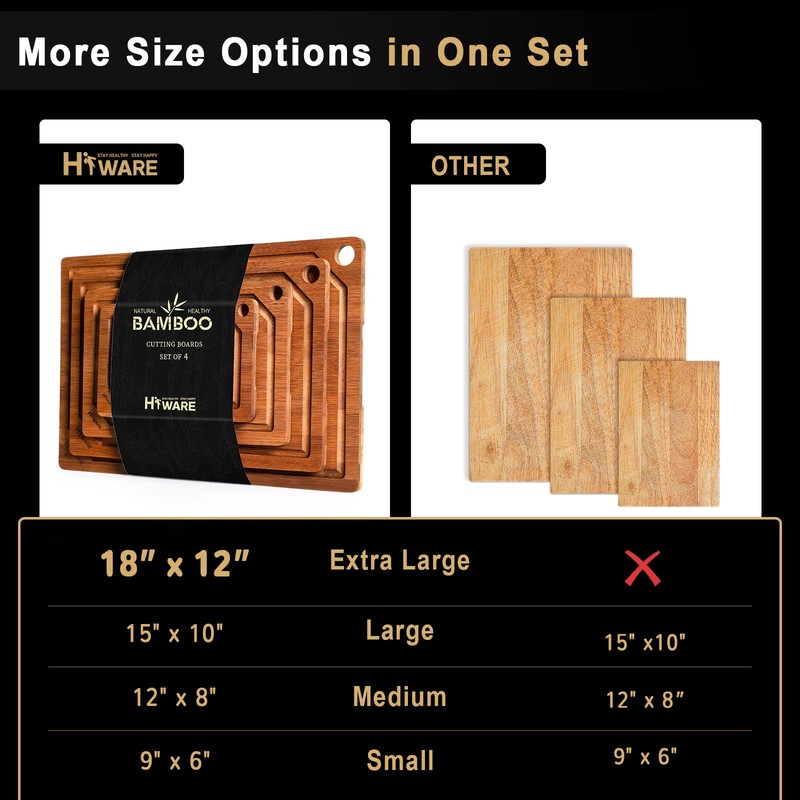Hiware 4 Pieces Extra Large Wooden Cutting Boards Set- Bamboo
