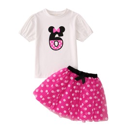 CM C&M WODRO Toddler Kid Birthday Girl Outfit 2nd 3rd 4th 5th 6th 7th Birthday Shirt + Polka Dot Tutu Skirt Set Party Gifts (Hot Pink, 6 Years)